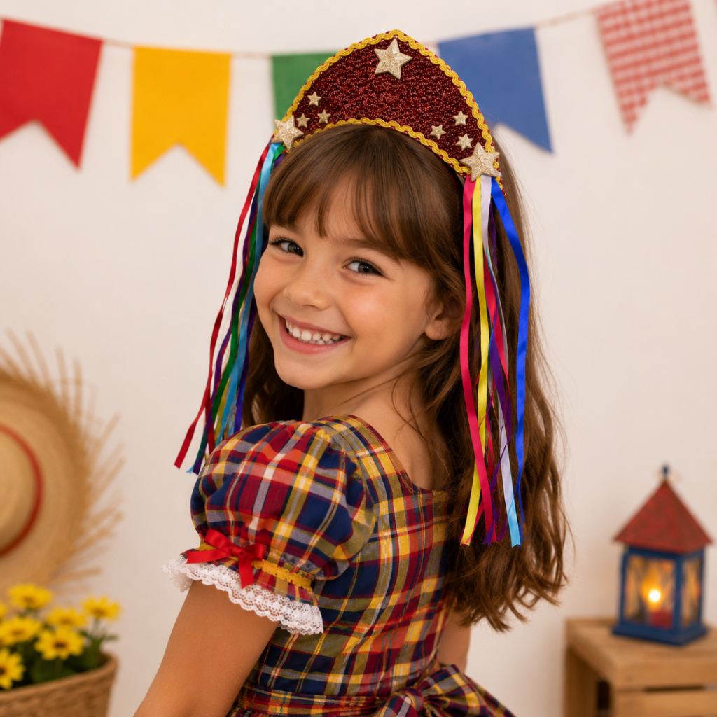 Arco Tiara Chapéu Maria Bonita com Estrelas e Fitas Festa Junina Fantasias Cangaceira Acessório de Cabelo São João
