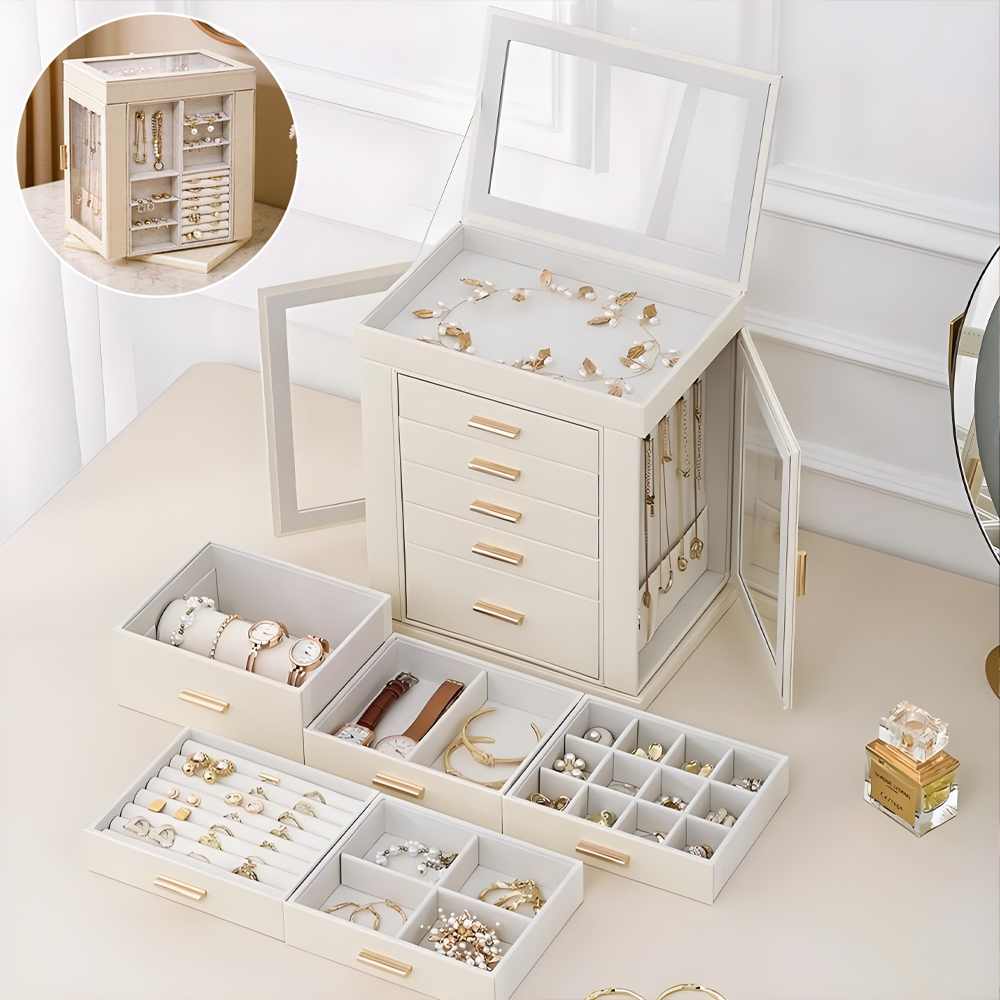Porta-joias grande com 5 gavetas Girafa para joias PU Leather Jewelry Storage Box -Q22