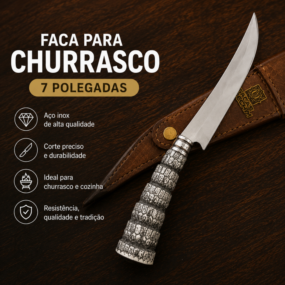 Faca Churrasco Artesanal Gaúcha Afiada Aço Inox 7 Polegadas Bainha Em Couro Personalizada Com Nome Logo Escudo Logo Luxo