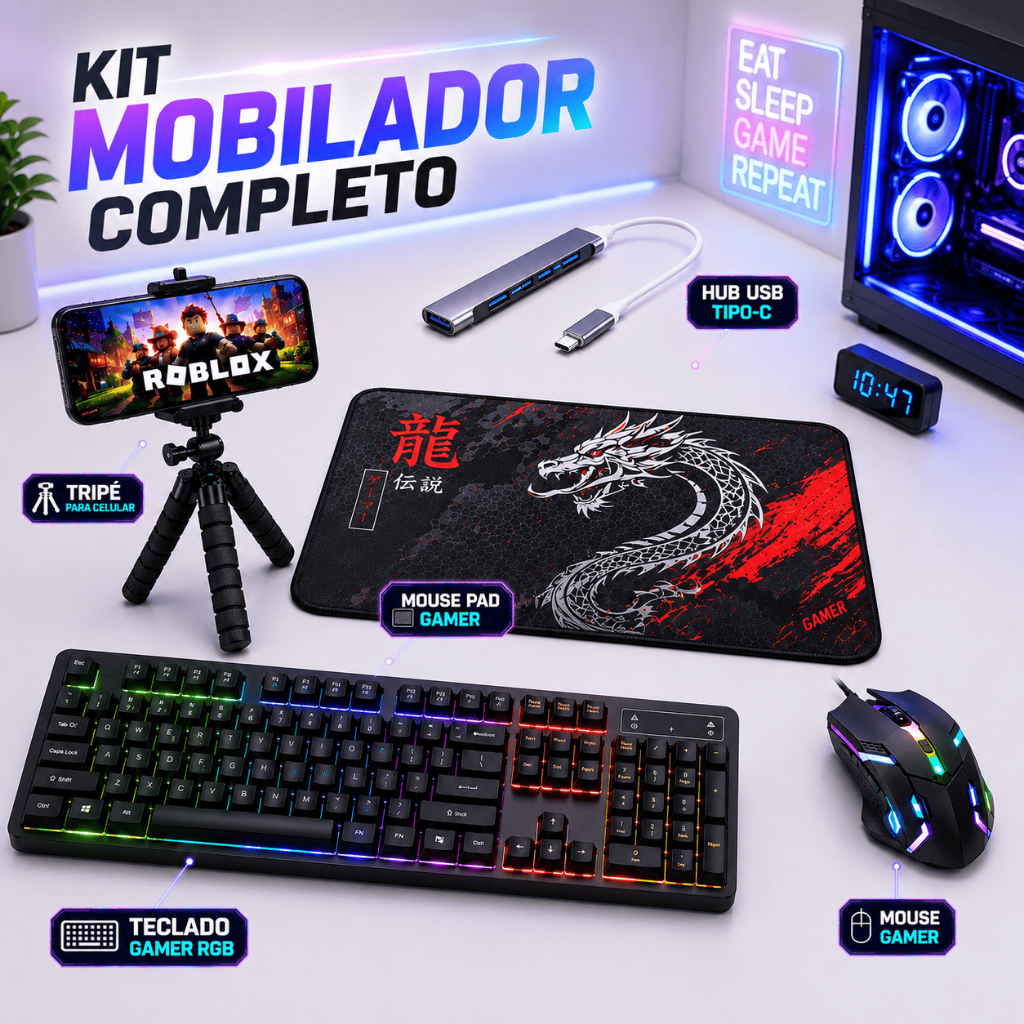 Kit Mobilador One Hand Gamer Completo Para Celular Com Teclado + Mouse Gamer Led RGB