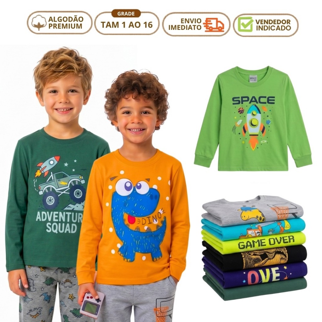 Kit 3 Camiseta Infantil Menino Masculina Manga Longa Outono Inverno em Algodão Lisa ou Estampada 1 ao 16