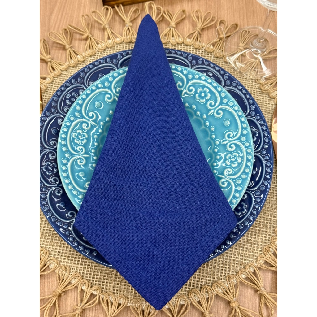 Kit 4 Guardanapo de Tecido  Linho Misto Azul 43x43 Canto Mitrado Mesa Posta Elegante Premium