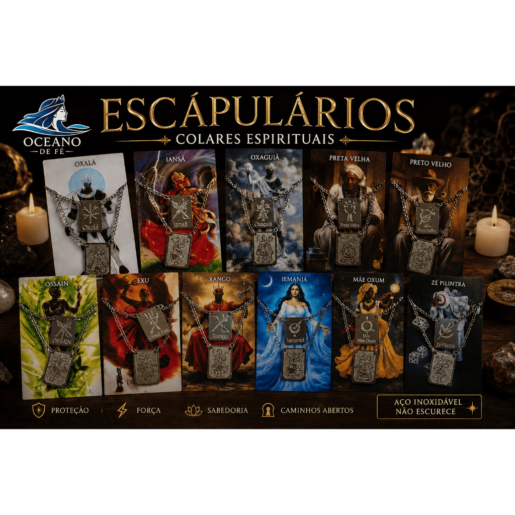 ESCAPULÁRIO ORIXÁS EXU, IANSÃ, MARIA NAVALHA, OSSAIN, OXAGUIÃ, OXALA, OXUM, PRETO VELHO, ZÉ PILINTRA, XANGO, YEMANJA