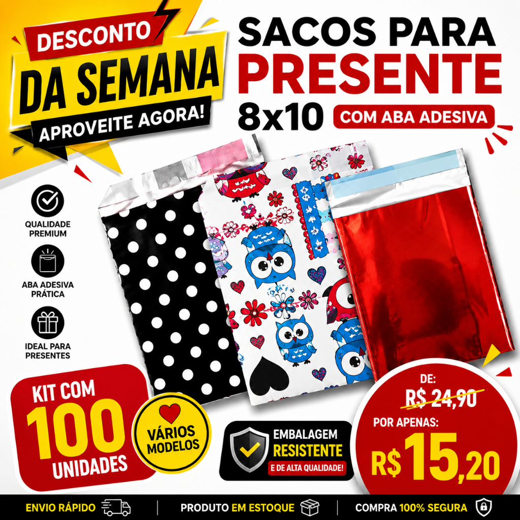 100 Sacos presente / metalizados 8x10 com adesivo - Saquinho embalagem loja