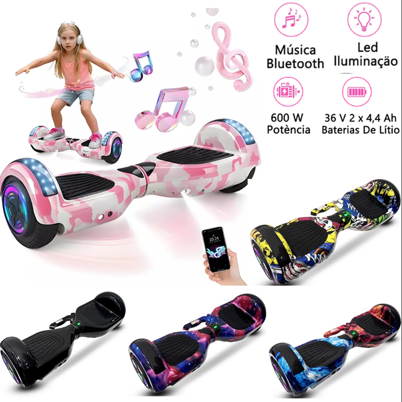 Hoverboard Elétrico Infantil e Adulto | Luzes LED + Música Bluetooth | Diversão Segura com Várias Cores P10
