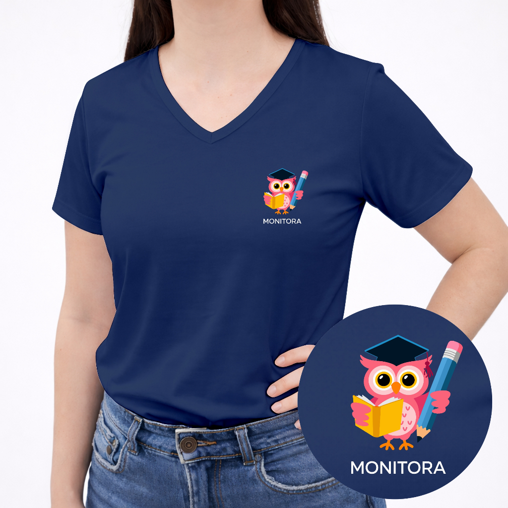 Camiseta Baby Look Gola V Monitora Feminina Estampada – Confortável Profissional Escolar