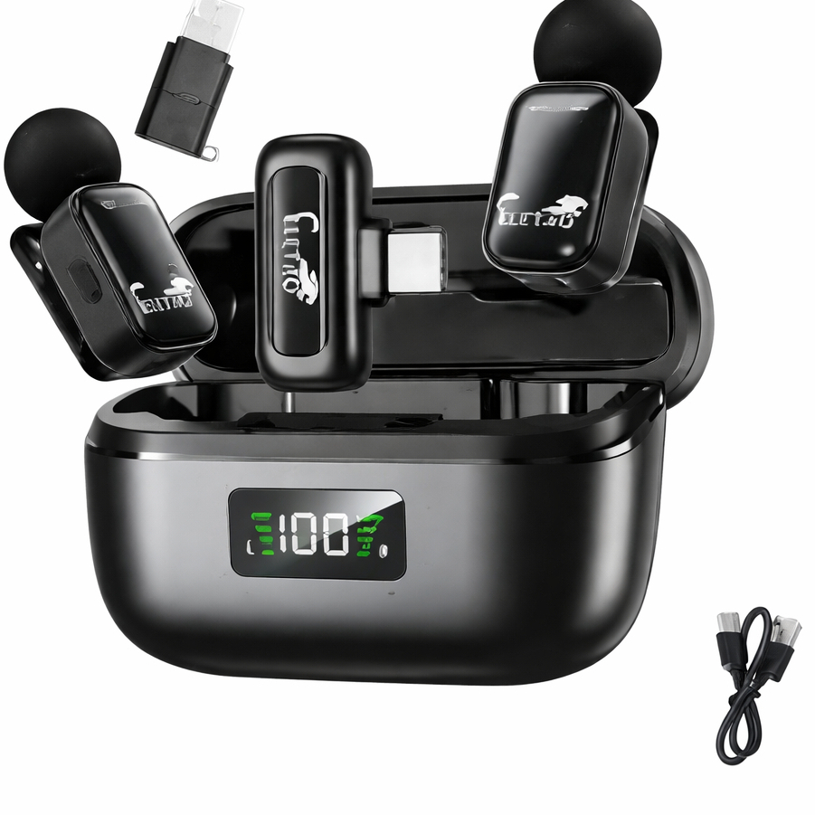 Microfone de Lapela Sem Fio Duplo Eletro EL-1855 – Conector USB-C + Adaptador iOS com Case de Carregamento Digital