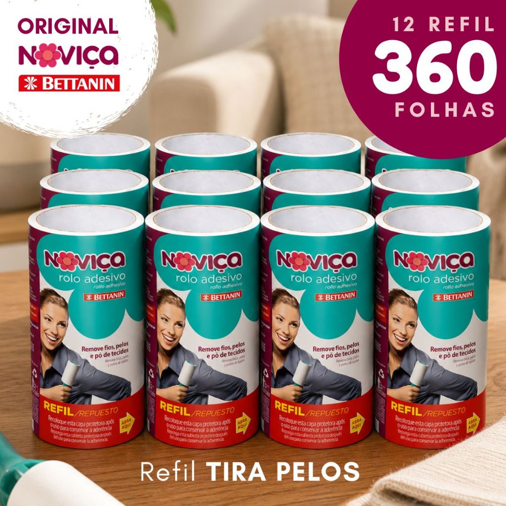 Refil Rolo Adesivo Tira Pelos Noviça Bettanin Caixa c/12 Remove Fiapos Pelos Poeira Roupas Sofá