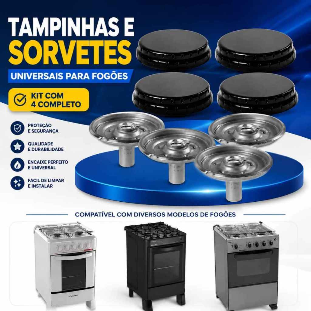 KIT 4 QUEIMADORES E 4 TAMPINHAS PARA FOGÃO ESMALTEC MODELO BALI CARIBE AGATA VENEZA  UNIVERSAL