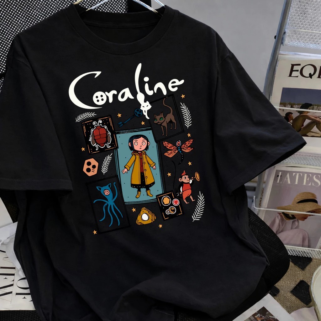 Camiseta Unissex Preta Oversize Coraline e Personagens Filme Estampa Algodão