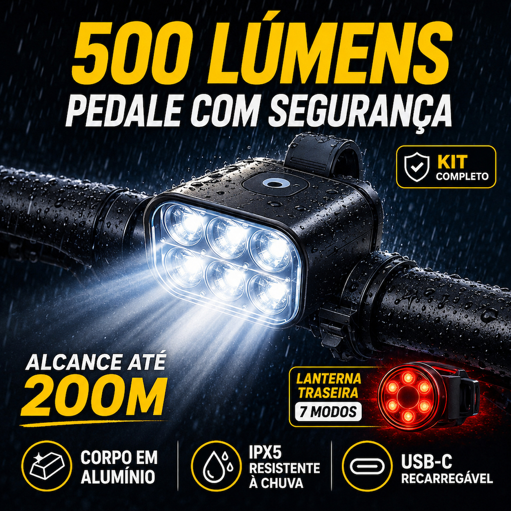 Kit Luz Bicicleta USB-C 500 Lúmens Recarregável | Farol Bike Dianteiro + Lanterna Traseira 7 Modos MTB