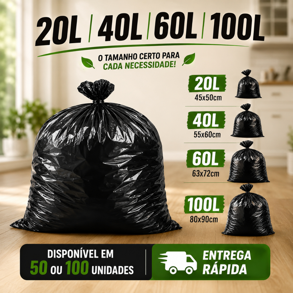 Saco de Lixo Resistente com 100 unidades 20/40/60/100 Litros direto da fábrica