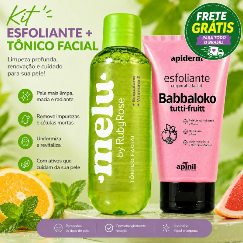 Kit Tônico Facial 100ml Ruby Rose + Esfoliante 190g Apinil - Pele Oleosa, Limpeza Profunda Skincare