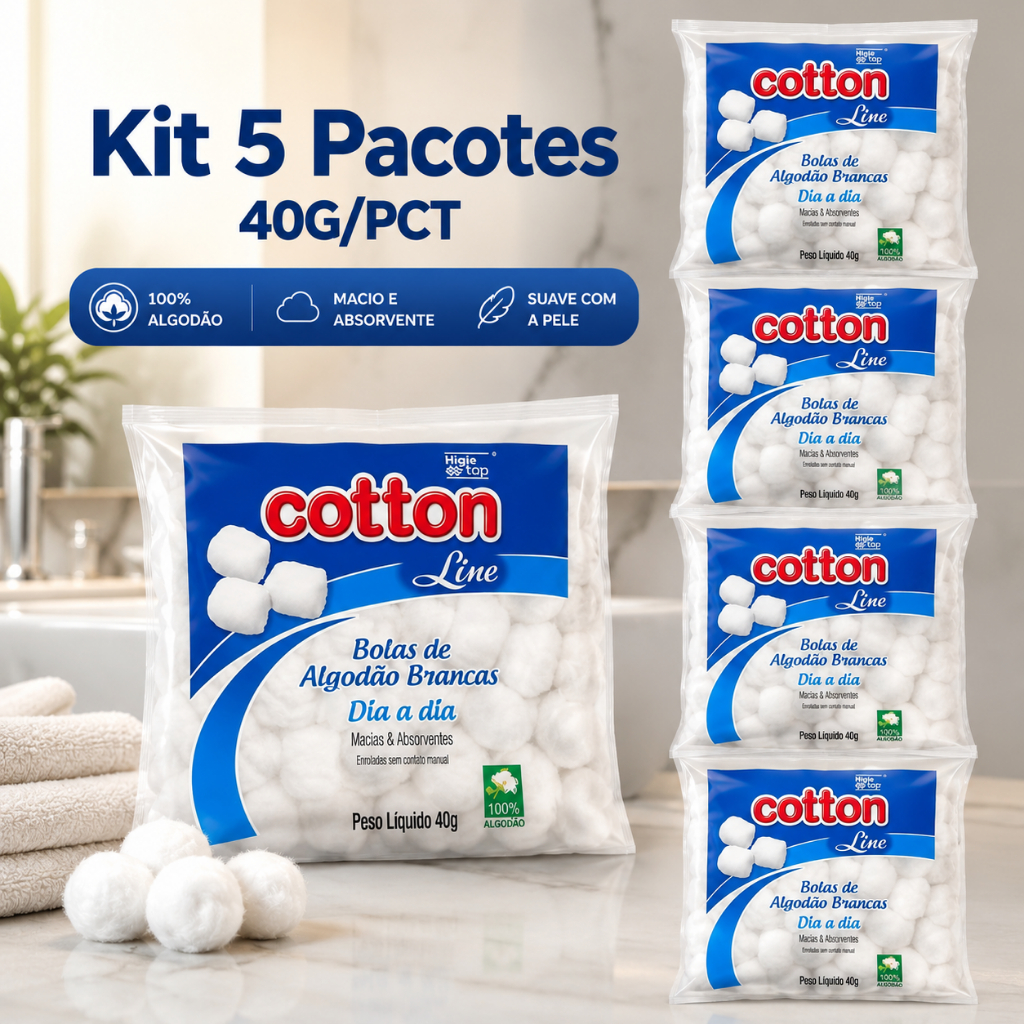 KIT 5 ALGODÃO BOLA 40 G CADA PACOTE USO DIARIO MANICURE LIMPEZA FACIAL