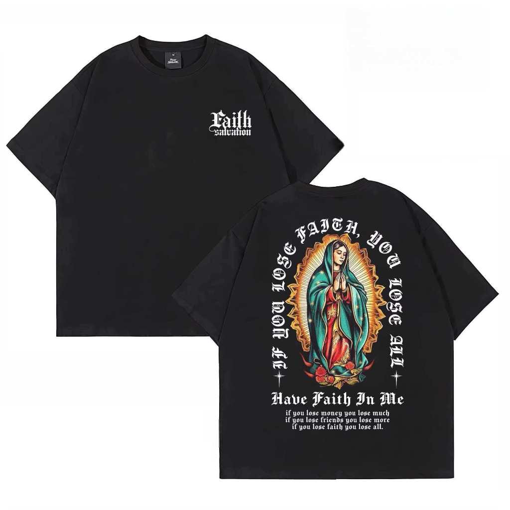 Camiseta Unissex Preta Oversize com Estampa Nossa Senhora Faith Streetwear Algodão
