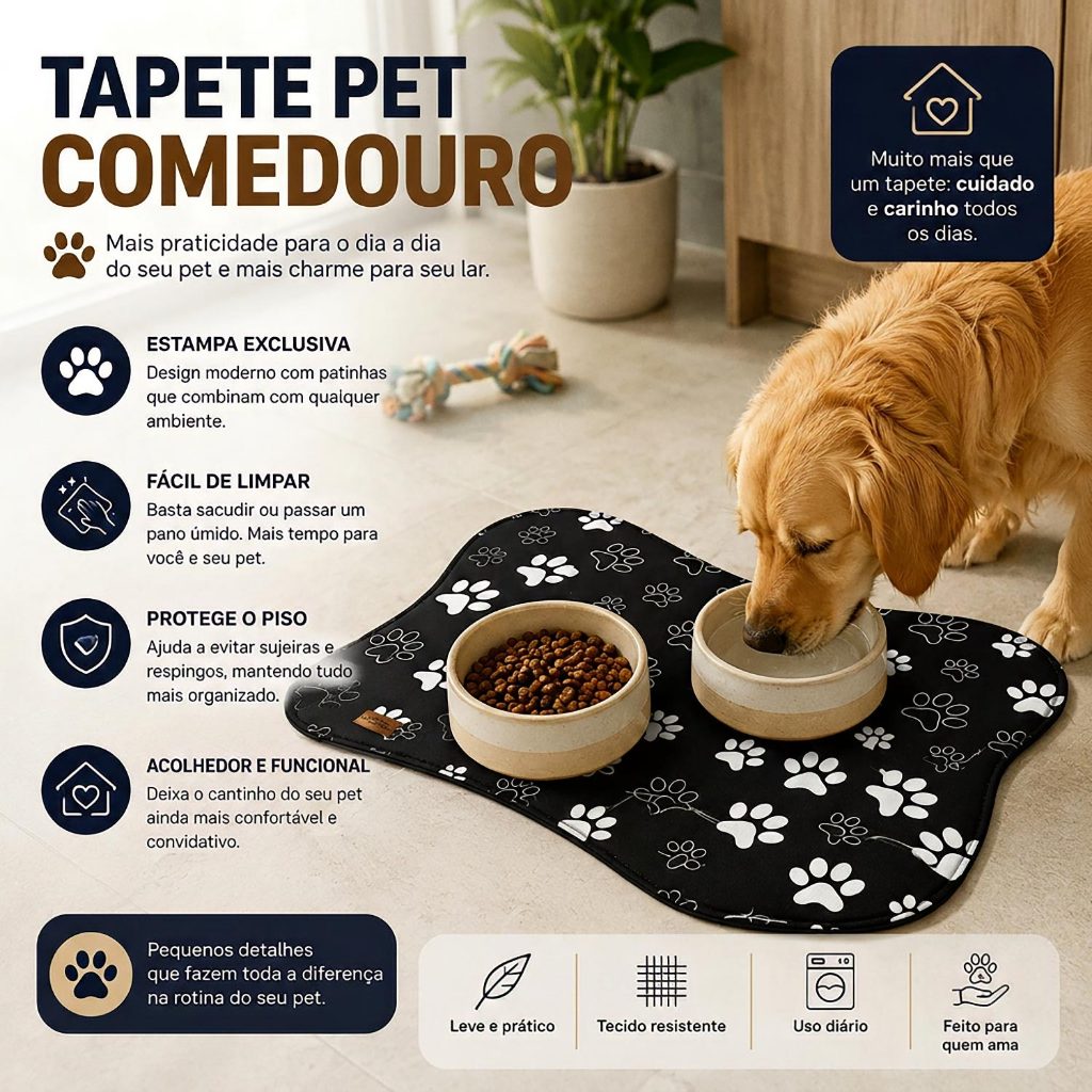 Tapete Pet para Gato e Cachorro Osso Comedouro Patas Antiderrapante
