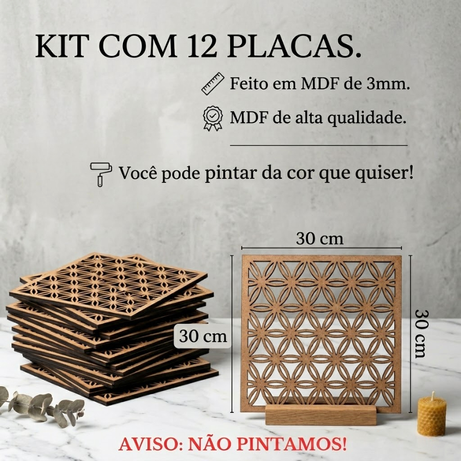 Kit 12 Painel Decorativo Vazado Cobogó MDF 30x30 Divisória De Ambiente Parede Biombo Sala Quarto Decoração
