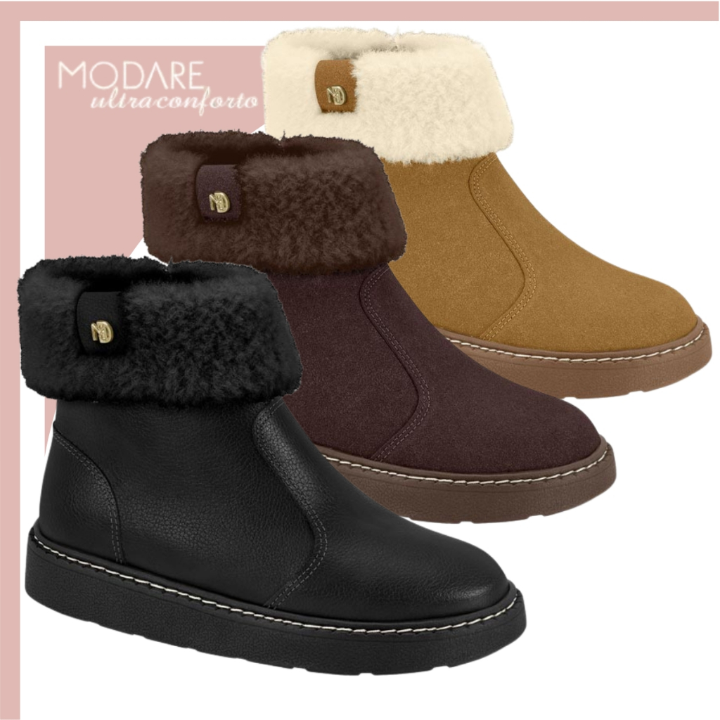 Bota Modare Cano Curto com Pelo Camurça Flatform Feminina com Zíper Ultraconforto