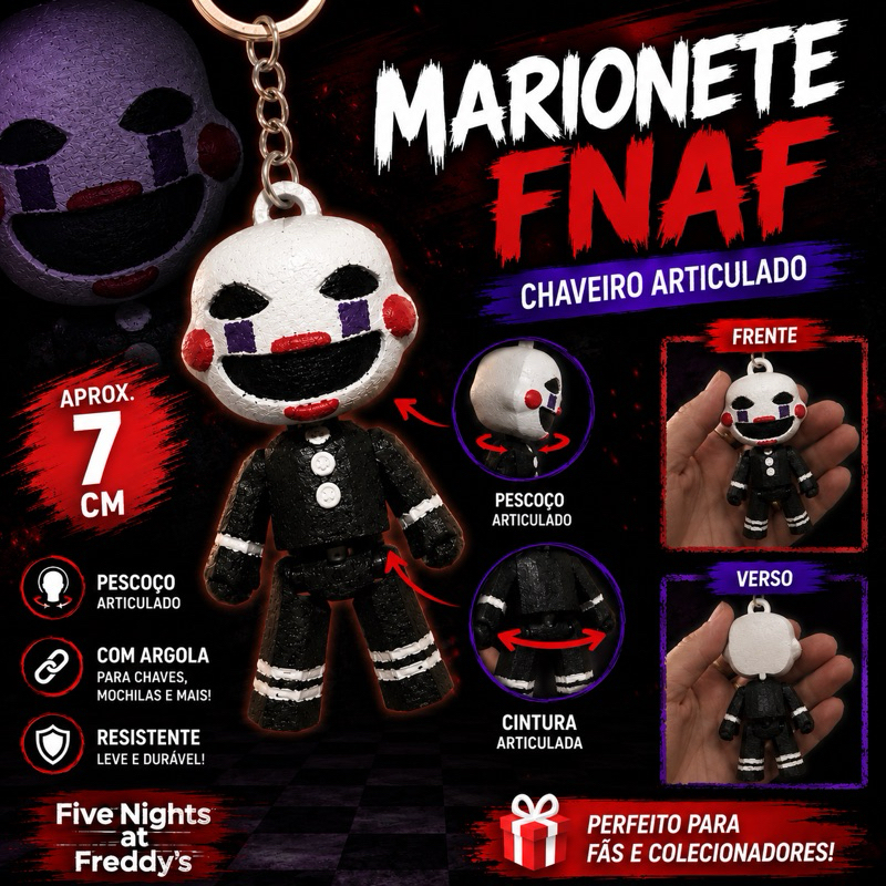 Chaveiro Articulado Marionete FNAF 7cm | Boneco Flexível Geek Colecionável