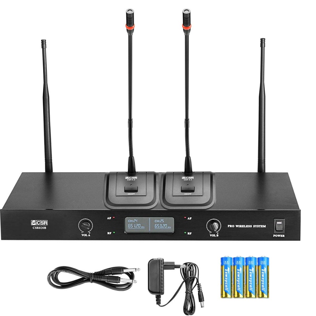 2 Microfones Gooseneck Sem Fio UHF Com Base E Receptor 820-B CSR Profissional