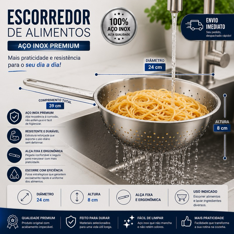 Escorredor Massa com Alça 24cm Alumínio Dia a Dia Macarrão Frutas Legumes Utilidades