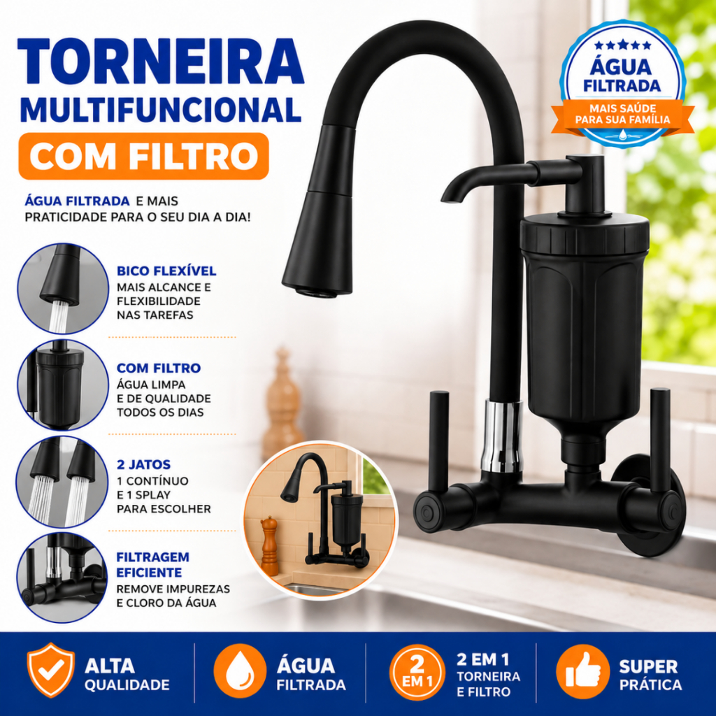 Torneira Parede Com Filtro Purificador De Agua Gourmet Pia Cozinha  Flexível 2 Jato Preto Fosco
