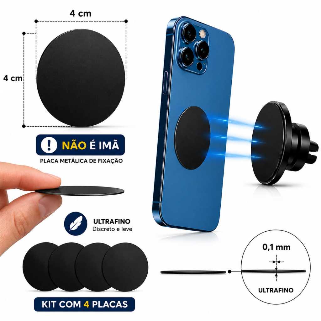 Kit Placa Metal Redondo Preto Para Suporte de Celular Magnético