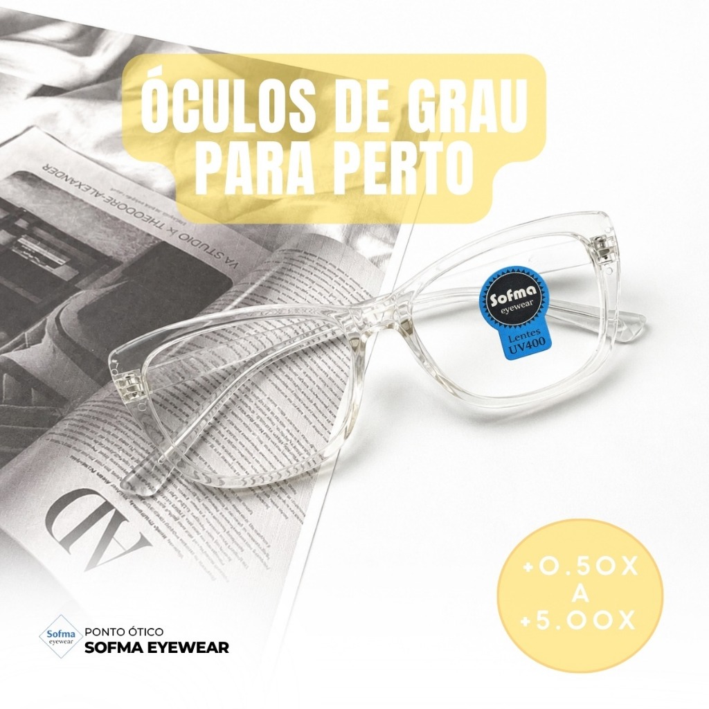 Óculos Armação Grau +1.00 Ate +5.00 Feminino Hipermetropia Gatinho Transparente Vista Cansada Leitura
