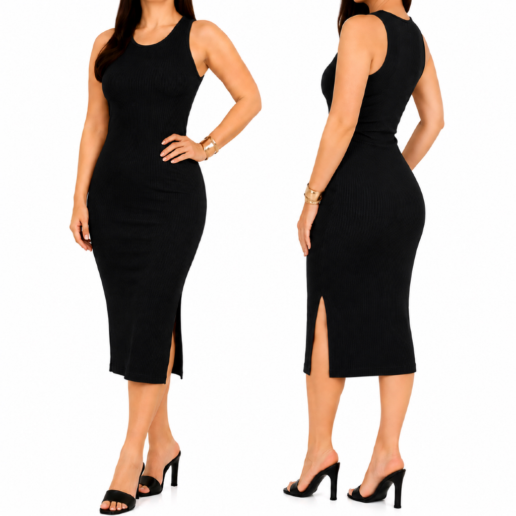 Vestido Midi regata com Fenda lateral Canelado Feminino