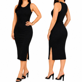 Vestido Midi regata com Fenda lateral Canelado Feminino