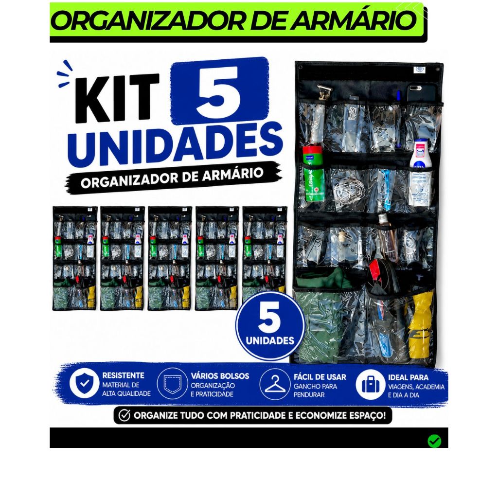 KIT 5 UNIDADES Organizador De Armário Porta Objetos De Roupeiro Otimiza Espaço + Kit para Instalação