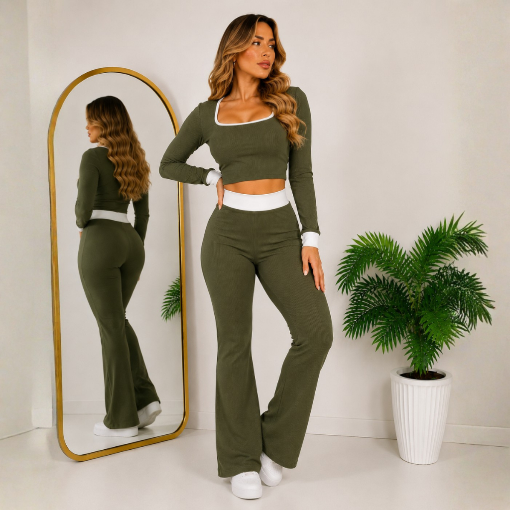 Conjunto Feminino Cropped manga longa Calça Flare Pantalona Levanta Bumbum Moda Casual Elegante