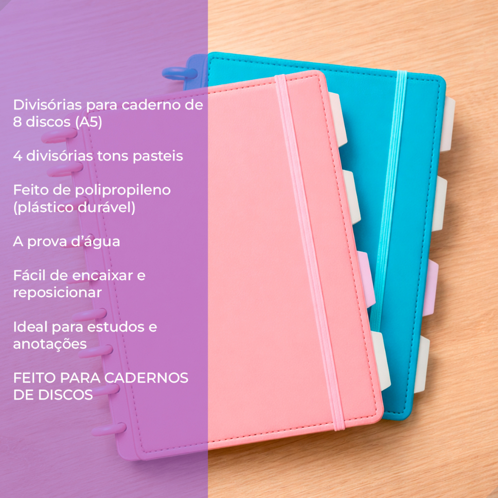 Kit 4 Divisórias A5 Coloridas + Refil 160 Folhas 8 Discos Caderno Inteligente Material Escolar — imagem 2 de 2