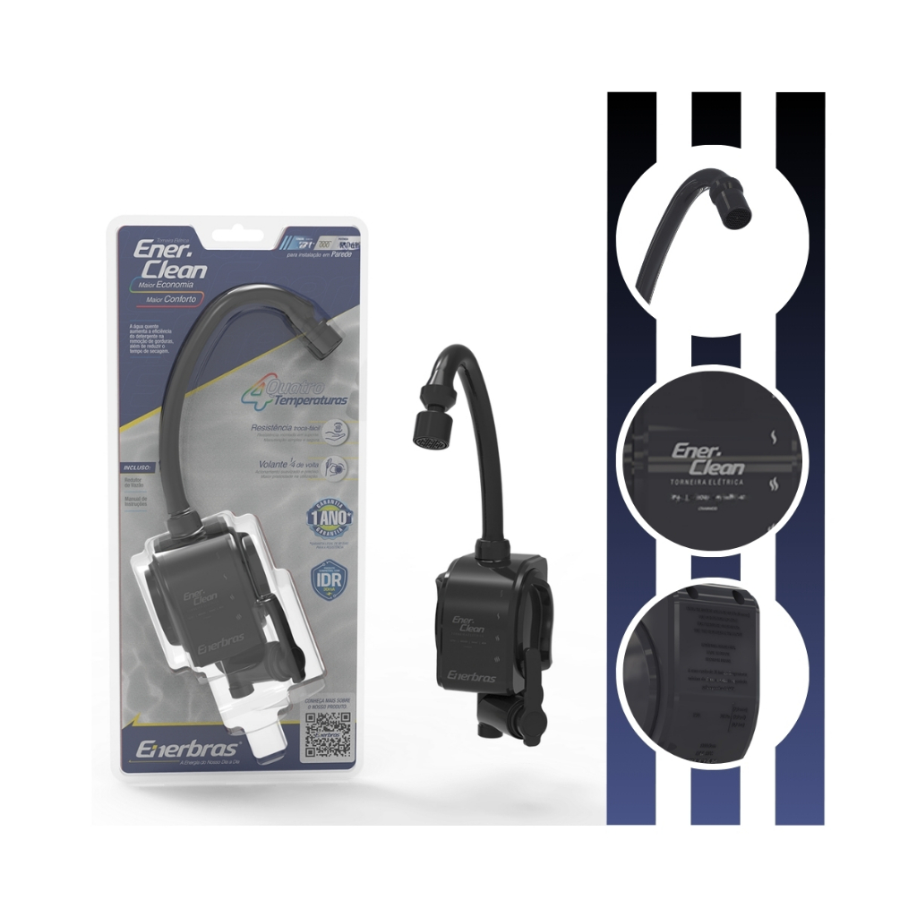 Torneira Elétrica Enerclean 4 Temperaturas Para Parede Acabamento Acetinado Mate Cor Preto Enerbras