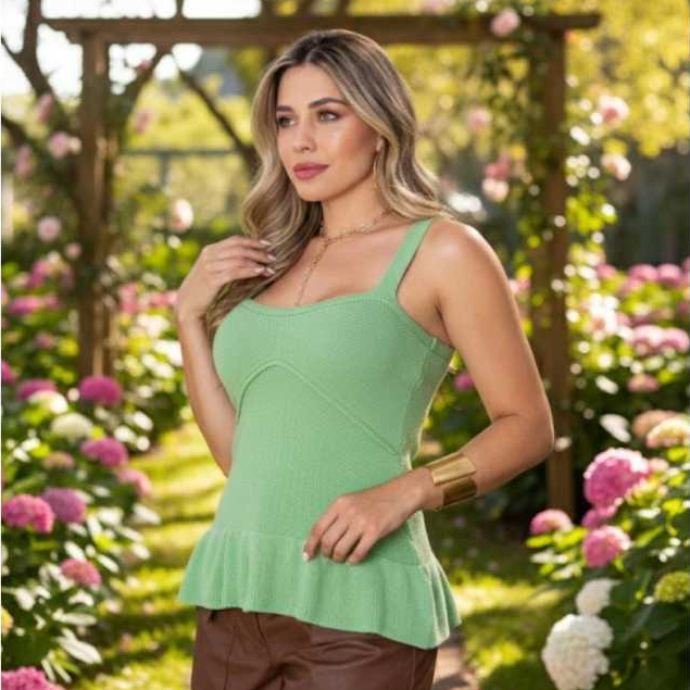 Blusa Feminina Regata Peplum Canelada Moda Blogueira Elegante Verão Praia Piscina Casual