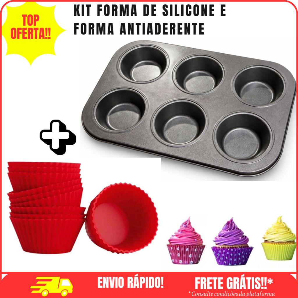 Forma Assadeira 6 ou 12 Cupcake Empada Antiaderente Não Gruda Grande Com Forminhas De Silicone Muffi