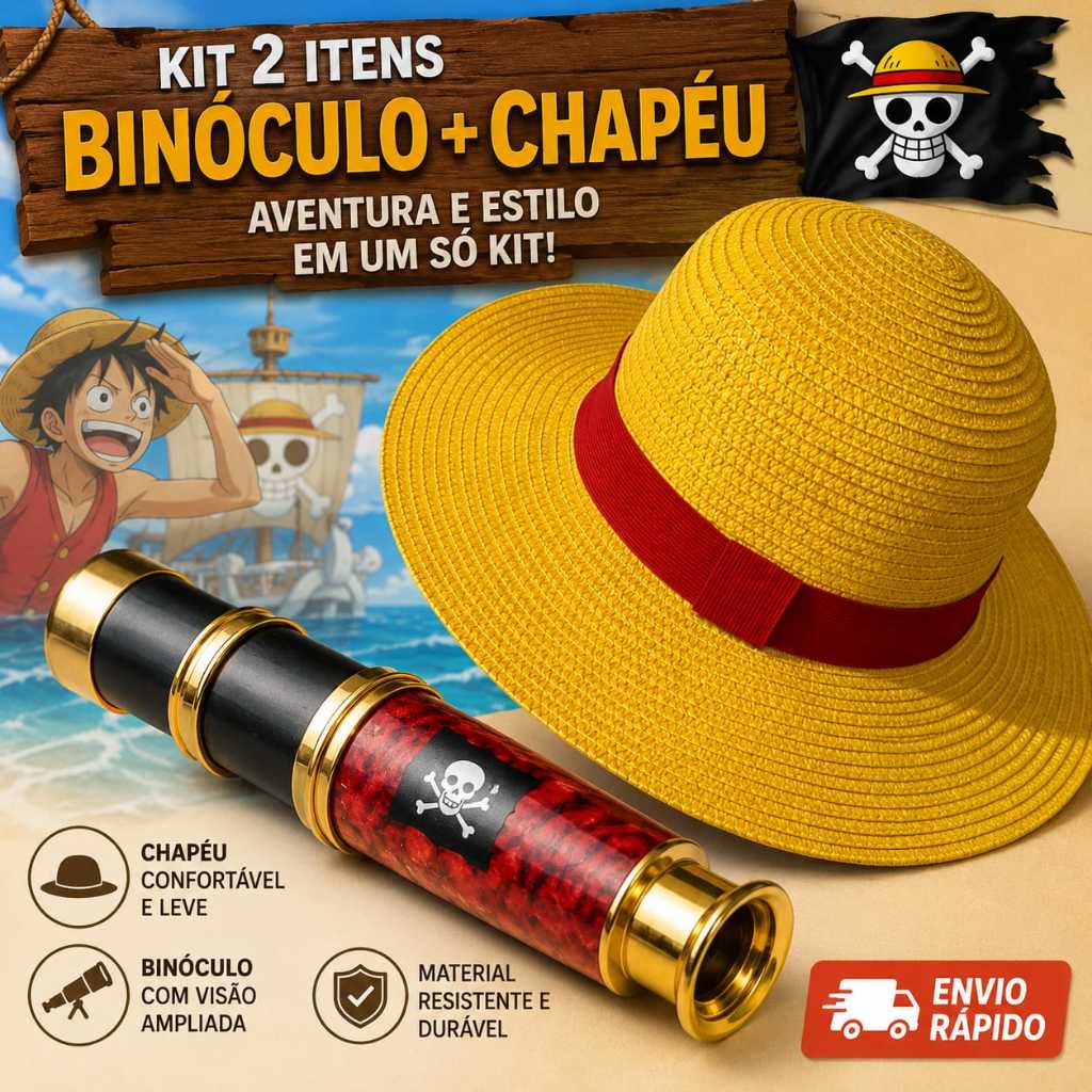 Chapéu Luffy One Piece + Binóculo Pirata Kit Fantasia Infantil Cosplay