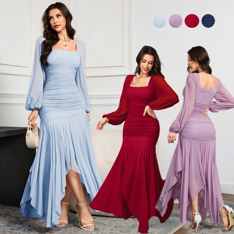 Vestido Feminino Manga Longa Cintura Alta Casual Elegante para Trabalho ou Passeio