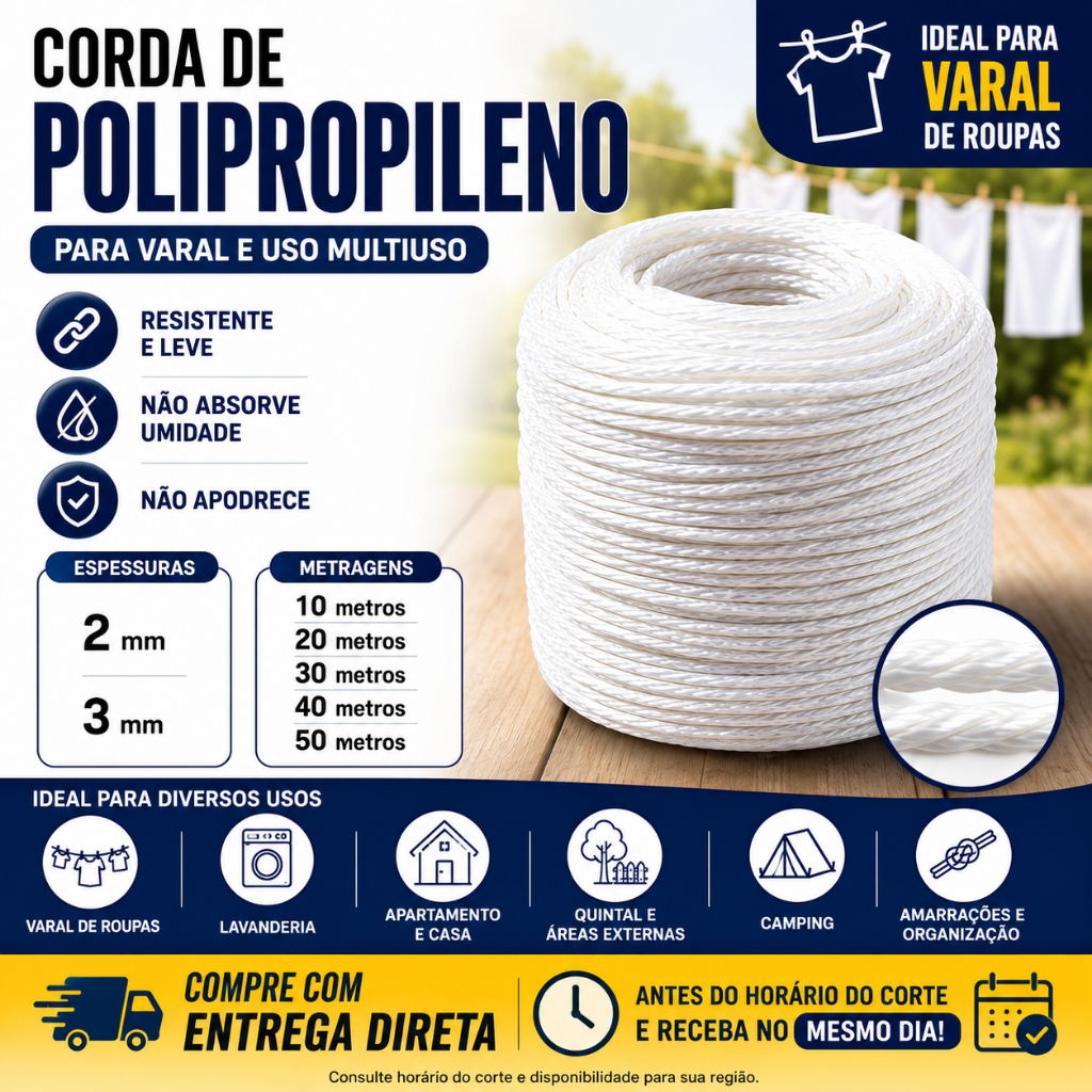 Varal Corda 10m /20m /30m /40m e 50 metros - Varal de Teto Quintal Apartamento 2mm/3mm