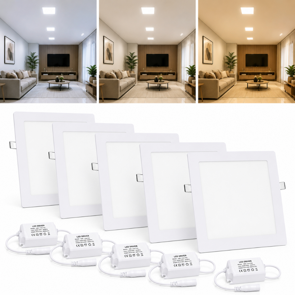 Kit 5 Painel Led Luminaria Plafon 18w Quadrado Embutir 22x22cm Luz Fria Quente Neutro