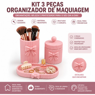 Kit Organizador De Maquiagem 3 Peças Porta Pincel Porta Joias Bandeja Decorativa Penteadeira Banheiro Rosa Branco Preto