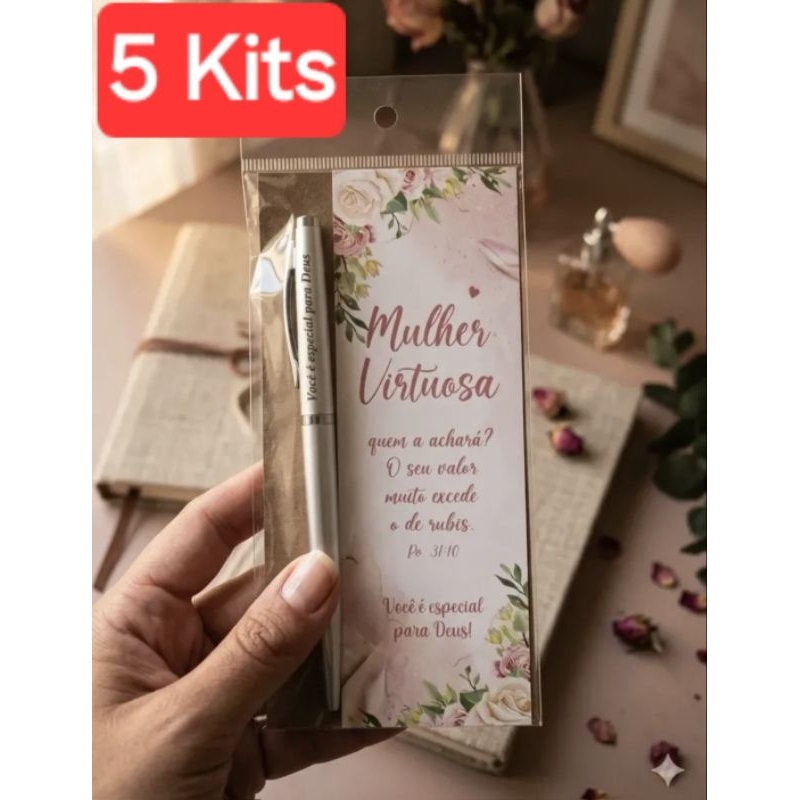 5 Kits Caneta mais marca páginas personalizados Fé Lembrancinhas Dia das Mães Mulher Virtuosa Evangélicos Festividades