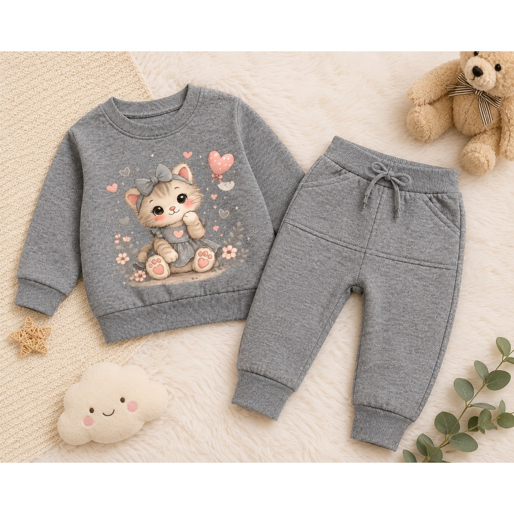 Conjunto De Moletom Cinza Mescla Infantil Gatinho - Tamanhos De 0 a 12 Meses