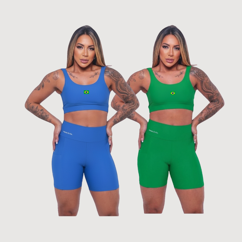 Conjunto Fitness Feminino Short Com Bolso e Top Duplo Copa do Mundo Brasil Corrida Treino