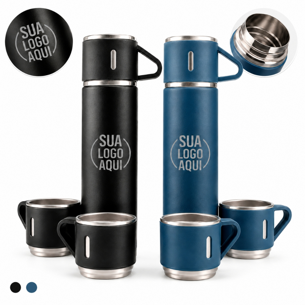 Garrafa Térmica Personalizada 500ML com 3 Xícaras Logo ou nome