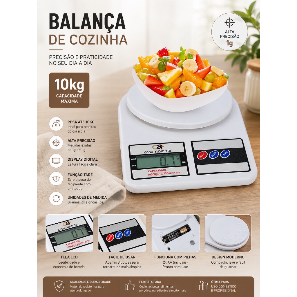 Balança Digital Cozinha 10kg Alta Precisão 1g Função Tara Fitness Dieta Alimentos Confeitaria Nutrição Profissional