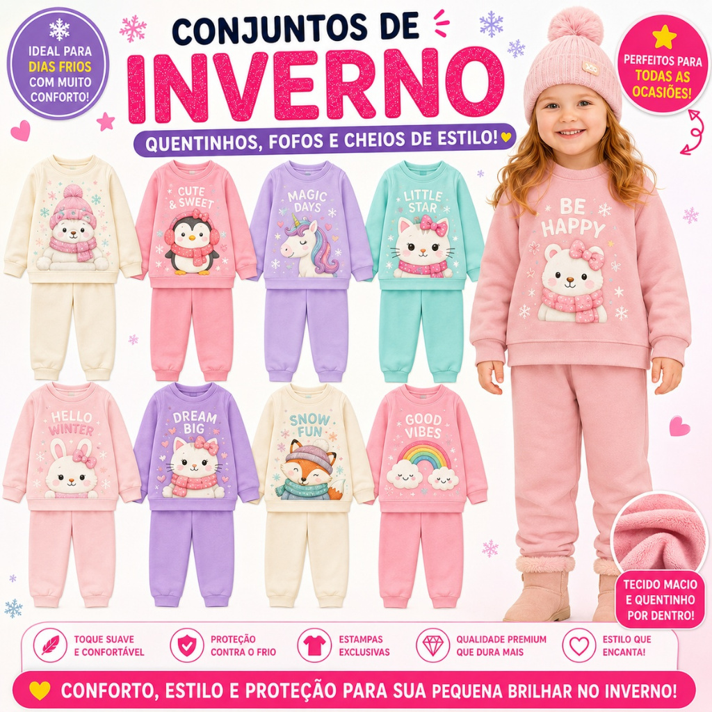 Kit Sortido 2 ou 4 Peças de Moletom Infantil Bebê Menina INVERNO Conjuntos Moletom Infantil Feminino Inverno Flanelado