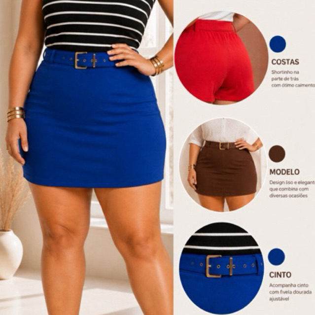 Short Saia com Cinto Plus Size Feminino, Short Saia  Com elasticidade Feminino Plus Size 46 ao 50
