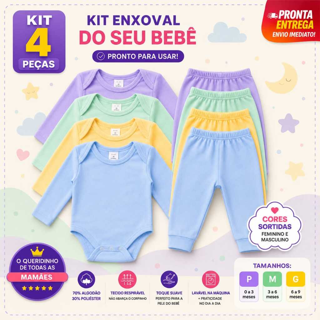 Kit 4 Peças Body Manga Longa + Mijão – Bebê Menina e Menino | Infantil Tecido Canelado