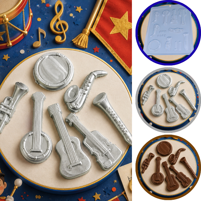 1~10 FORMA SIMPLES INSTRUMENTOS MUSICAIS CÓD.:1162 EM ACETATO BWB PARA DOCES DE CHOCOLATE E CONFEITARIA PÁSCOA (CHOCO)